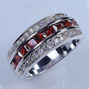 Ruby Red and Rhinestone Band MEN RING